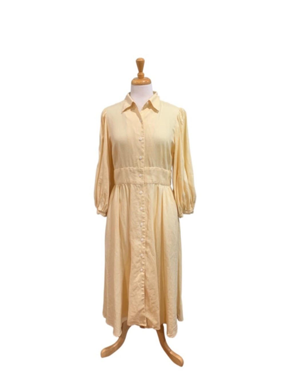 Women's BEHIDA DOLIC ButterYellow French Linen long sleeved Midi Dress L